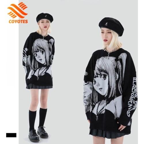 COYOTES Anime Girl Knitted Sweaters Oversize Men Hip Hop Harajuku Streetwear Couple Autumn Vintage Japanese Kawaii Pullover