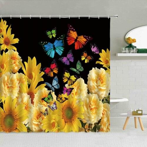 Colorful Butterfly Sunflower Flower Landscape Shower Curtain Tulip Lavender Spring Floral Scenery Bathroom Decor Screen Curtains