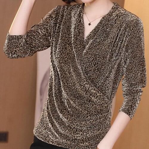 2021 New Womens Shirt Sexy Slim Tops Long-Sleeved Spring Autumn Cross V-neck Chic Crop Top футболка Feminine Leopard Pullover