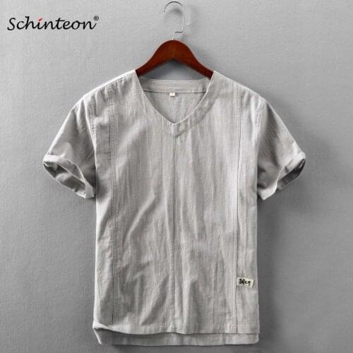 Schinteon Men Big Size Summer Cotton Linen Shirt Short Sleeve Simple Comfortable Thin Loose V-Neck Pullover Shirt New