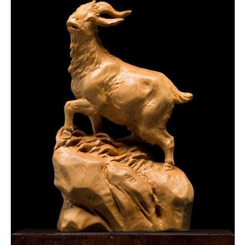 Zodiac Goat Feng Shui Statue Boxwood Woodcarving Creative Home Solid Wood Animal Statue Lucky Car Decoration Carving Craft