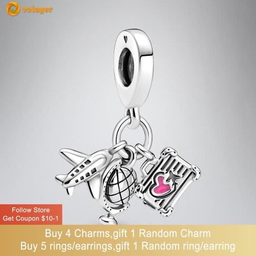 Volayer 925 Sterling Silver Beads Airplane, Globe & Suitcase Dangle Charm fit Original Pandora Bracelets Women Jewelry Making