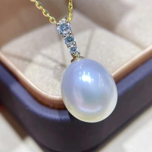 Pearl Zircon Necklace Fine Jewelry 18K Yellow Gold Pendant ,11-12mm Natural-Ocean Drop Shape White Pearls Necklaces for Women