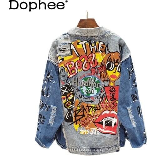 Spring and Autumn New Thai Fashion Strange Flavor Girlish Denim Jacket Graffiti Printed Worn Long Sleeve Jeans Coat for Women