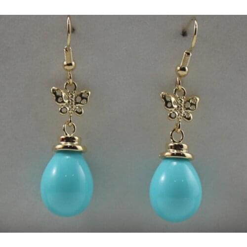 Womens fashion style metal plated butterfly accessories 12x16mm sky blue water drop Shell Pearl Earrings
