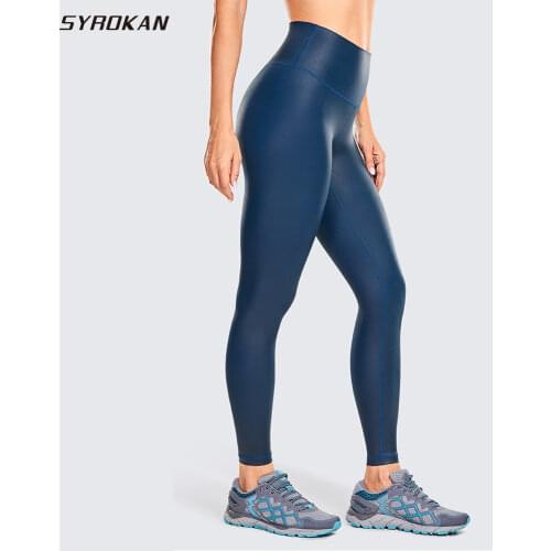 Womens Faux Leather Workout Leggings High Waisted Tights with Inner Pocket Matte Coated 25 Inches