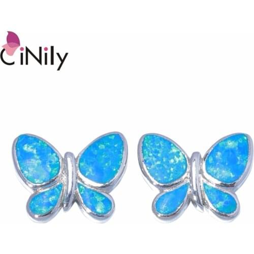 CiNily Created Blue Green Fire Opal Silver Plated Wholesale Lovely Butterfly for Women Jewelry Stud Earrings 10mm OH4471-72