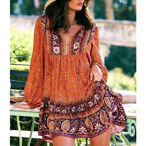 TEELYNN lantern Long Sleeve Mini Dresses women Floral print tunic rove boho Autumn short Dress Vintage V-neck loose vestidos