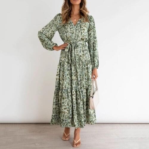 2021 European American Autumn New Style V-neck Long-sleeved Elastic Waist Tie-pleated Pleated Print Dress Fashion Temperament