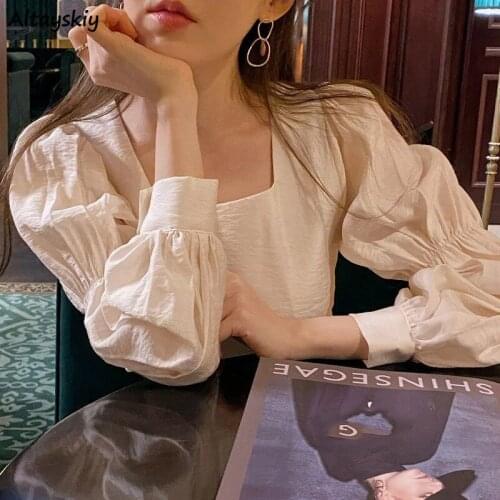 Blouses Women Solid Puff Sleeve Loose Princess Style Square Collar Lady Party Spring Girlish Leisure All-match Simple Cozy Chic