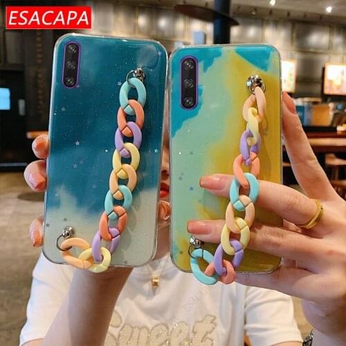 Wrist Chain Phone Case For Huawei Y6P 2020 Honor 9X Pro 20S Glitter Star Watercolor Soft Silicone Cover For Huawei Y9S P30 Lite