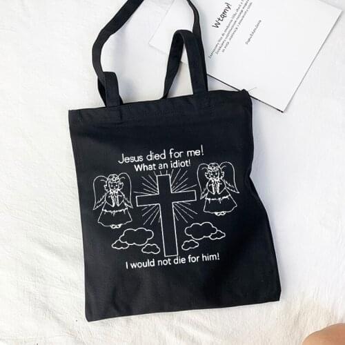 Jesus Died for Me Canvas Bag Ulzzang Shopping Bags Casual Harajuku Cartoon Letter New Punk Large Capacity Womens Shoulder Bag