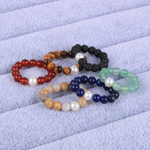Women Girls 4mm Natural Stone Tiger Eye Onyx Amethysts Turquoises Beaded Rings AAAA Freshwater Pearls Adjustable Rings Jewelry