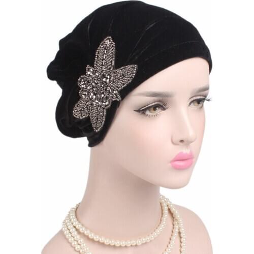Fashion Women Diamonds Velvet Turban Caps Muslim Elastic Hijab Bonnet Jewelry Turbante Ladies Flower Beanie Hat Chemo Cap