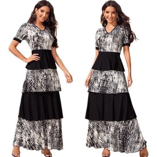 Muslim Women Ladies Layered V-neck Long Dress Printed Slim Abaya Short Sleeve Arab Jilbab Gown Casual Summer Islamic Maxi Kaftan