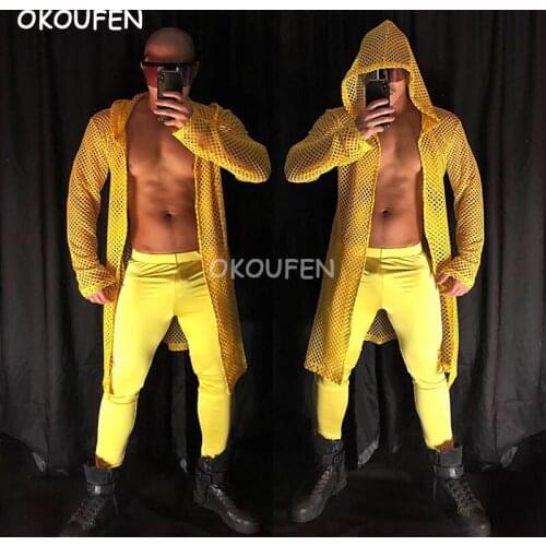 Nightclub male singer bar dancer sexy yellow hollow long hip hop cape costume suit stage show DS wear