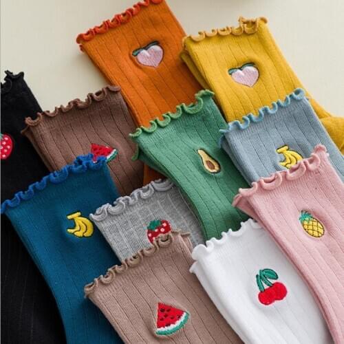 Kawaii Embroidery Fruit Ruffled Women Socks Cute Cartoon Avocado Bbanana Watermelon Strawberry Cherry Pineapple Funny Socks