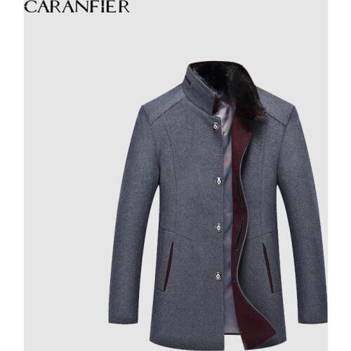 CARANFIER New Autumn Men Jacket Casual Plus Velvet Brand Male Wool Coat Fashion Mandarin Collar Top Quality Middle-aged Men Coat