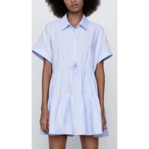 2021New Solid ZA Shirt Lapel Bow With Elastic Waistband Layered Ruffle Shirt Dress Ldyllic Style Refreshing Simple Chic Dress