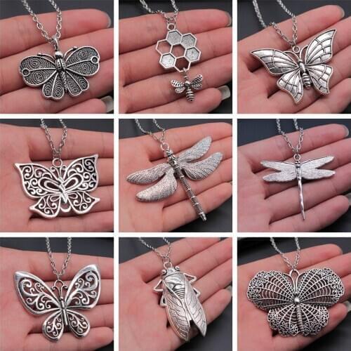 New Fashion Antique Silver Color Flying Animal Insect Necklace Butterfly Dragonfly Bee Cicada Pendant Necklace Gift For Women