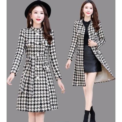 New Womens Wool Blends Coat Winter 2021 Autumn Fashion Elegant Turtleneck Plaid Slim Long Tweed Woolen Outerwear Female X185