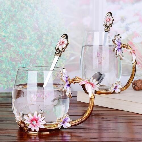 Luxury Creative enamel cups Transparent Crystal Carve patterns Glass Cup For water tea coffee Home Drinking ware wedding gifts