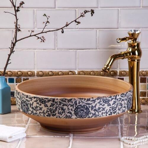 Blue white Round bathroom ceramic counter top wash basin sinks ceramic basin porcelain sink