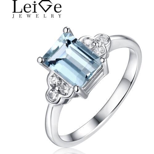 Leige Jewelry Emerald Cut Aquamarine Ring Blue Gemstone Sterling Silver Fine Jewelry Rings for Women Engagement Anniversary Gift