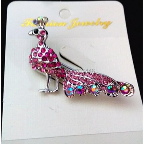 Vinrtage Look Rhodium Silver Plated Hot Pink Rhinstone Crystal Peacock Party Gift Pins Brooch
