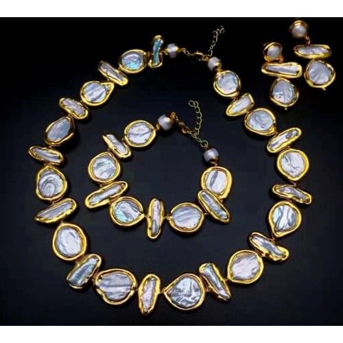 YYGEM Freshwater Cultured White Biwa Pearl Coin Pearl Gold plated Necklace Bracelet Earrings Sets