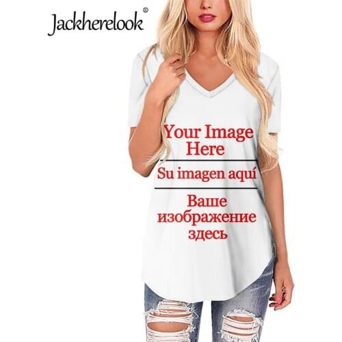 Jackherelook Custom Image/Logo Womens Short Sleeve V-Neck Loose Casual Tee T-Shirt Top Summer Woman Clothing Mujer Dropshipping
