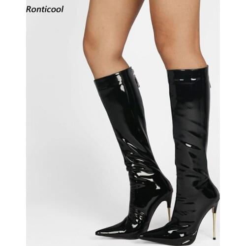 Ronticool Handmade Women Shiny Winter Knee Boots Stiletto Metal Heel Pointed Toe Black Fuchsia Party Shoes Plus US Size 5-13