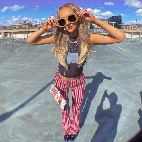 Women Y2K Vintage Flare Pants Lady Skinny Red Plaid Striped High Waist Trousers 2021 Fashion Streetwear Wild Outfit
