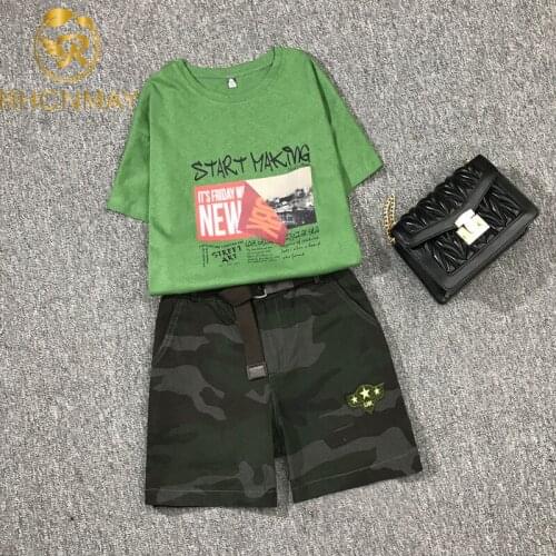 New Summer Printed Letter Short Sleeve Fashion O-Neck Cotton T-shirts + Army green High Waist Shorts Women Sets 2 Pieces Sets
