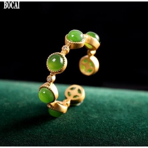 BOCAI Real Pure s925 Silver gold-plated Jewelry Natural Hetian Jasper Ring for Woamn Fashionable and Fresh Opening Woman Ring
