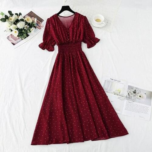 2021 New Vintage Red Polka Dot Print Dress Women Summer V-neck Elastic waist Chiffon Midi Dress Short sleeve Elegant Vestidos