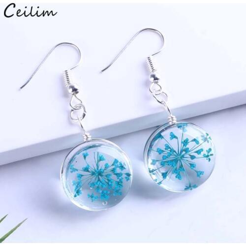 2021 New Colorful Dried Flower Earrings Women Fashion Silver Color Clear Transparent Ball Dangle Earring Cute Ear Drop Jewelry
