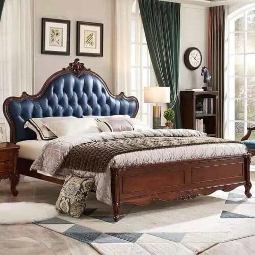 American solid wood leather bed 1.8m 1.5 bed master bedroom light luxury double marriage bed European luxury carving