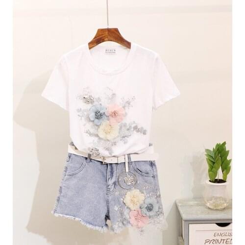 Amolapha Women 3D Flowers Embroidery Sequined Tshirt+Short Jeans 2PCS Set Summer Female Casual Denim Shorts Set