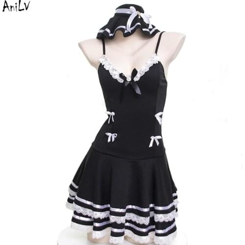 AniLV Women Retro Gothic Palace Maid Black Dress Swimsuit Costume Spaghetti Strap Lace Dress Swimwear Uniform Pool Party Cosplay