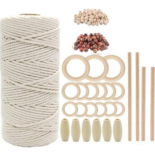 BMBY-Natural Macrame Cord Kit 100M m Cotton Rope with Wooden Rings and Wooden Beads for Diy Wall Hanging Craft Knitting