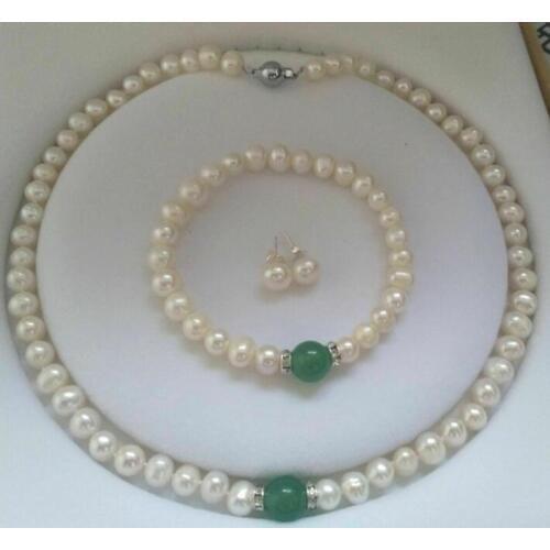 Natural White 8-9 mm Cultured Pearl &Green bead Bracelet 8" Necklace 18" Earrings set