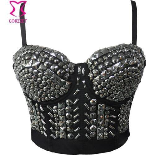 Punk Silver Resin Gems Beading Soutien gorge Push Up Bra Bralette Crop Top Women Bras Sexy Club Wear Sujetador Brassiere Femme