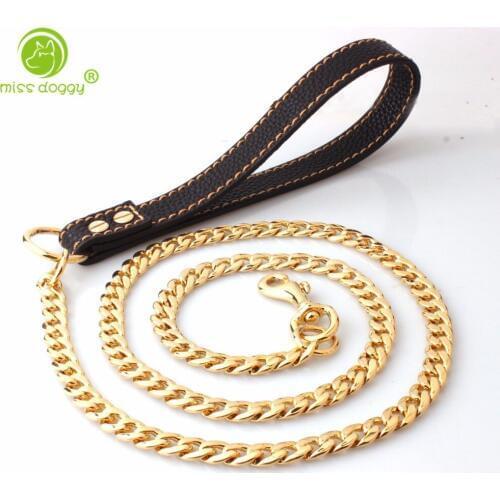 Anti - Bite Metal Stainless Steel Medium Large Dogs Chain Leashes Snake Chain for Dogs Pitbull Golden Retriever Leather Handle