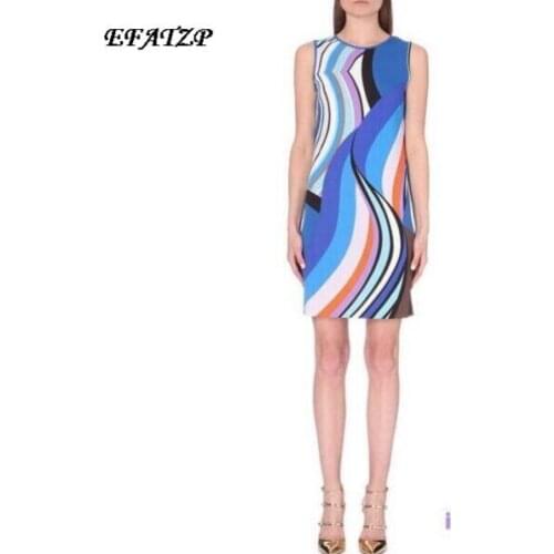 2015 New Design Dress Womens High Quality Sleeveless Blue Abstract Printed Bodycon Knee Length Jersey Silk XL XXL Dress Vestido