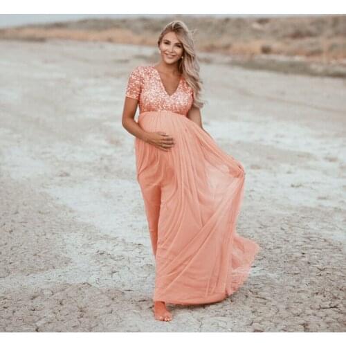 Elegant Mesh Maternity dress for Photo Shoot Short sleeve Sequins Tulle Pregnant Women Dresses Maxi Maternity Gown evening dress