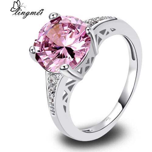 Lingmei Wholesale Wedding Bridal Round Purple Pink Red Zircon Silver Color Ring Size 6 7 8 9 10 11 12 13 Love Style Women Gift