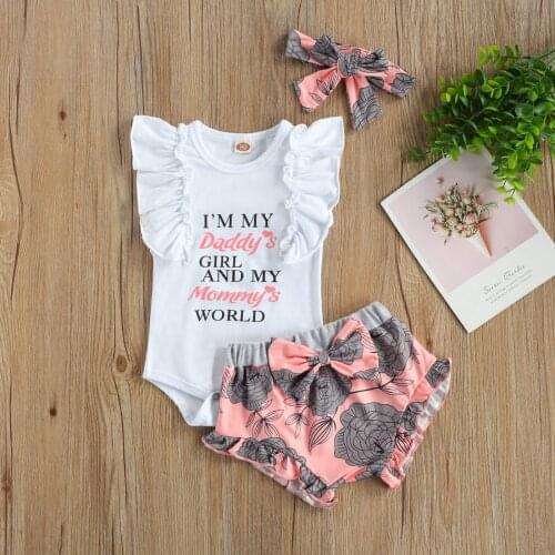 Newborn Baby Girls 3-piece Outfit Sets Fly Sleeve Letter Print Romper+Shorts+Headband Set Summer Kid Girl Clothes