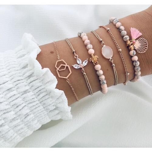 Yobest Bohemian Tassel Beads Charm Bracelets Set For Women Girls Fashion Pineapple Heart Geometric Bracelet Jewelry