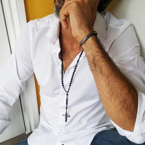 Cross Necklace for Men Hematite Crucifix Stone Protection Catholic Gifts Christian Jewelry Religious Rosary Beaded